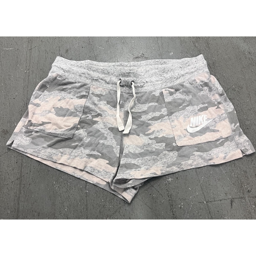 Nike Shorts Womens XL Gray Pink Camo Graphic Logo Pocket Drawstring Gym Workout - Picture 1 of 7